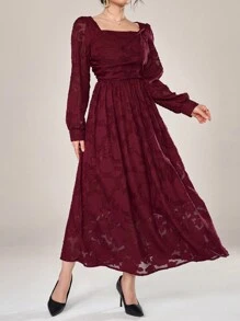 Modelyn 勃艮第红女士方领长袖褶皱长裙，休闲日常穿着 - 酒紅色 - 查看 4