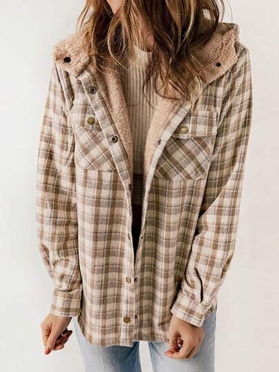 ASVIVID Plaid Print Teddy Lined Hooded Coat