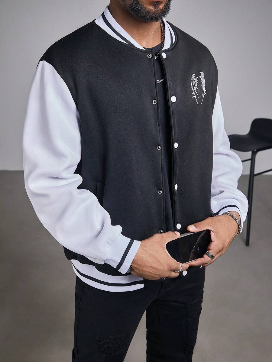 Manfinity LEGND 大码男式撞色面板纽扣前长袖印花休闲夹克 - 黑與白 - 查看 1