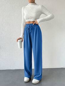 EURMUSE Women Casual Drawstring Waist Wide Leg Design Pants - Blue - View 5