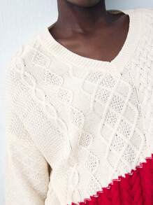 Maija Women's Colorblock V-Neck Drop Shoulder Casual Sweater, Red And White