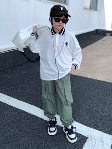 青少年男孩休闲韩版印花罗纹领部分纽扣门襟长袖针织 Polo 衫 - 白色 - 查看 3