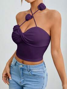 SHEIN PETITE 女士时尚性感纯色3D花朵吊带背心 - 紫色 - 查看 6