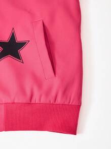 Tween Girl Star Print Stand Collar Jacket, Autumn - Hot Pink - View 5