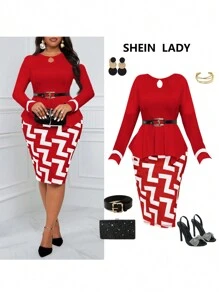 SHEIN Lady Bộ 2 món trang trọng áo cổ khoét lỗ cho nữ cỡ lớn có viền bèo nhún và váy midi in họa tiết địa lý (không bao gồm thắt lưng) Quần áo giáo viên trang phục mùa thu bốn mùa - Đỏ - Xem 1