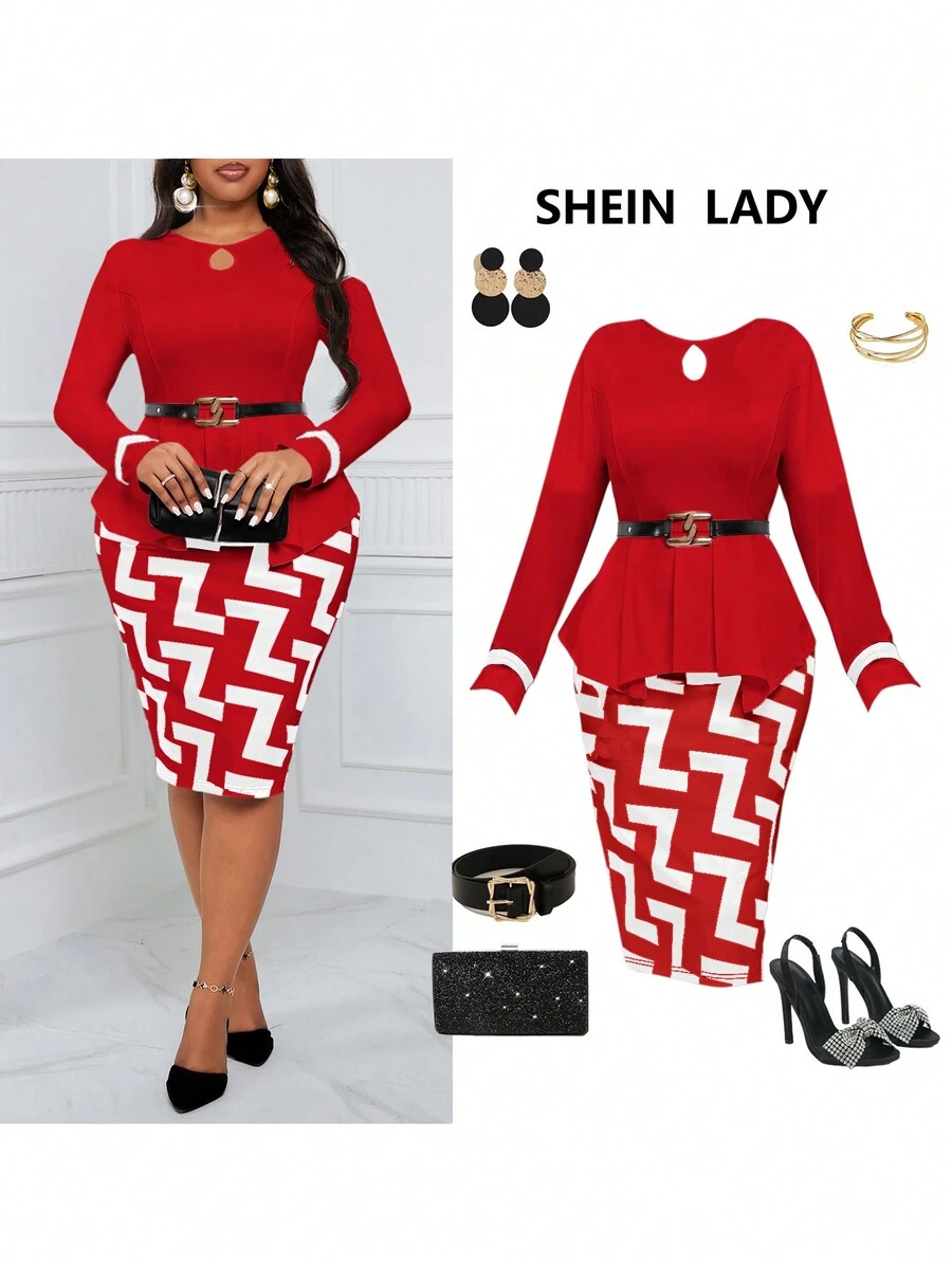 SHEIN Lady Bộ 2 món trang trọng áo cổ khoét lỗ cho nữ cỡ lớn có viền bèo nhún và váy midi in họa tiết địa lý (không bao gồm thắt lưng) Quần áo giáo viên trang phục mùa thu bốn mùa - Đỏ - Xem 1