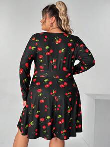 SHEIN CURVE+ Plus Size Women's Summer Garden Party Casual Cherry Blossom Print V-Neck Short Sleeve Dress With Loose A-Line Silhouette And Ruffle Hem