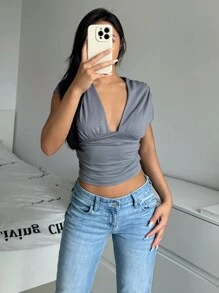 Aloruh Simple Versatile Grey Deep V-Neck Short Sleeve Tight Fitting T-Shirt For Young Women - Grey - View 1