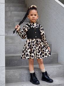 SHEIN Mommy And Me Young Girl's And Young Girl Leopard Print Dress & Corduroy Vest, Girls Autumn Casual Outfit - Multicolor - View 7