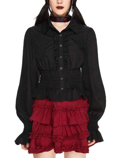 Kawaii Vintage Waist Cinched Ruffle Trim Blouse For Women