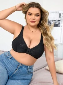 1 pieza Sujetador sin aros de talla grande con cierre delantero y tejido jacquard suave - Negro - Ver 5