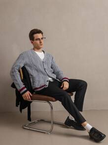 Manfinity CityGents Men's Striped Print V-Neck Button Front Long Sleeve Cardigan