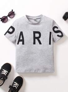 SHEIN 年轻男孩休闲简约字母印花落肩宽松柔软圆领短袖 T 恤，适合运动和日常穿着，春夏