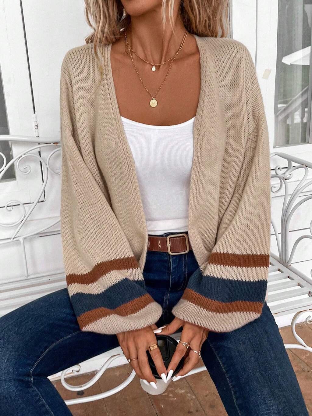 Women's Long Sleeve Colorblock Striped Cardigan, Casual Daily Wear,Long Sleeve Tops,Knitted Sweater In Fall/Winter