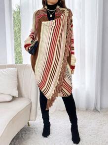 Calvaya 大码条纹印花流苏下摆不对称长袖开衫 - 黑色 - 查看 6