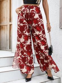 Breezaya Pantalones casuales con estampado completo y lazo delantero para mujer
