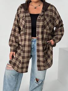 SHEIN CURVE+ 大码女式格子印花抽绳连帽外套，秋装 - 彩色 - 查看 7