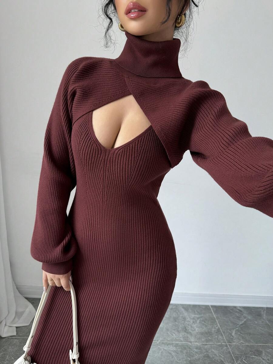Rafferiza V-Neck Sleeveless Sweater Dress + High Neck Cropped Lantern Sleeve Pullover Sweater Set - Rust Brown - View 1