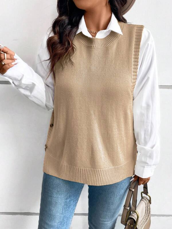 SHEIN LUNE Plus Size Solto Botão Hem Split Pullover Sweater VestBusiness Casual Mulher,Roupas de Férias,Tops Country