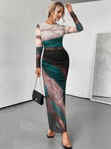 Rafferiza Women's Spring Autumn Tie-Dye Print Crew Neck Long Sleeve Pleated Bodycon Elegant Dress Maxi Women Outfit Fall Cloth For Women - Mint Green - View 5