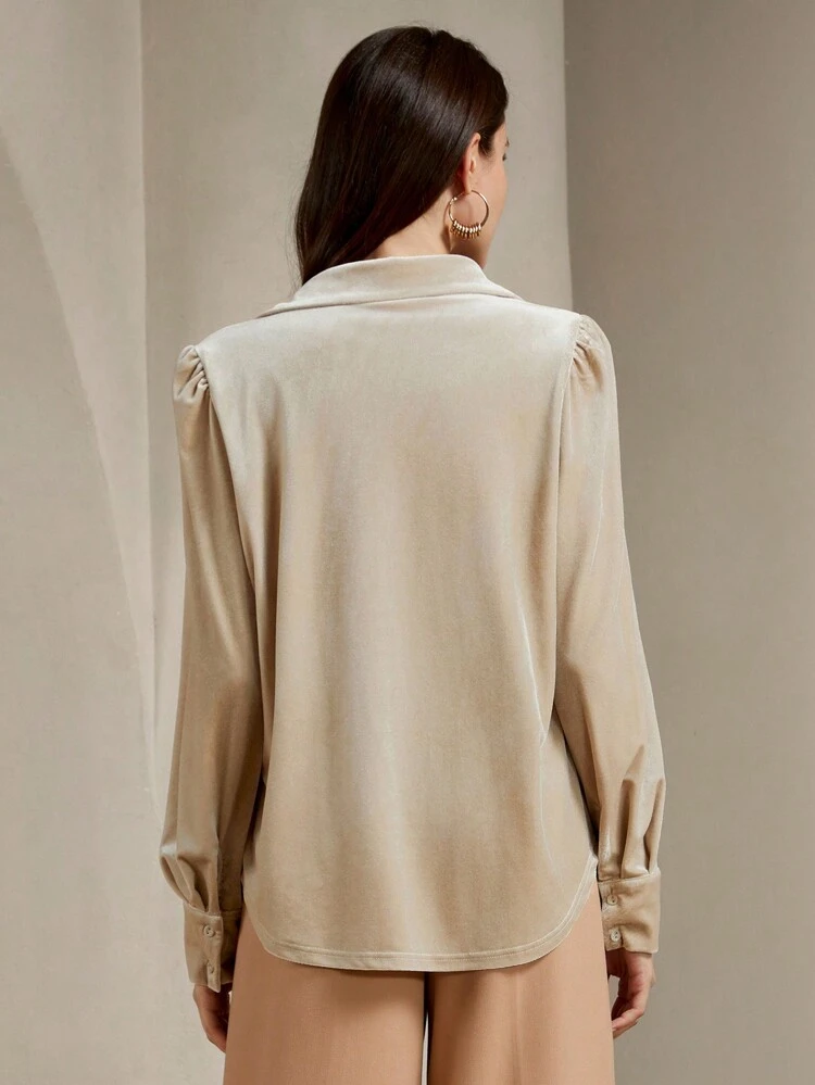 Autumn/Winter V-Neck Long Sleeve Velvet Shirt With Rhinestone Decoration, Elegant