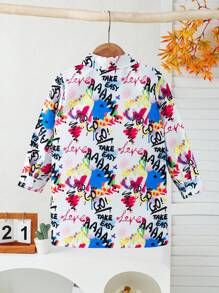 SHEIN 3 件套女童秋冬休闲涂鸦字母标语印花长袖上衣衬衫套装 - 彩色 - 查看 2