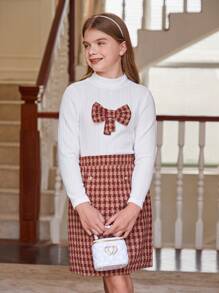 2 piezas Conjunto casual de niña preadolescente con blusa de manga larga con cuello y decoración de corbata de moño a cuadros, y falda mini de pata de gallo, primavera/otoño - Multicolor - Ver 5