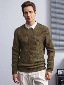 Manfinity Homme Men's Solid Color Round Neck Casual Long Sleeve Pullover Sweater - Green - View 4