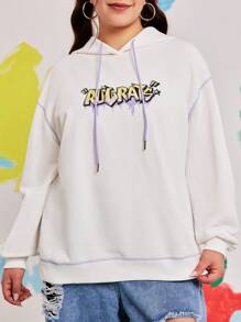 Nick 90s X SHEIN Sudadera con capucha blanca de talla grande informal con estampado de letra de dibujos animados y costuras contrastantes con caída de hombros