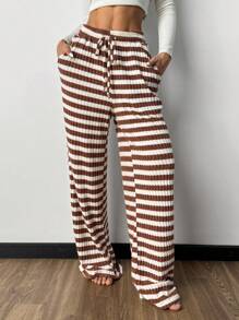 SHEIN Essnce Pantalones informales con bolsillos y nudo delantero a rayas - Rojo y blanco - Ver 3