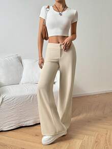 SHEIN EZwear 净色高腰喇叭直筒裤 - 杏色 - 查看 5