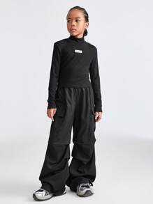 SHEIN Conjunto de 2 peças de blusa e calça minimalistas para meninas adolescentes, cor sólida, gola alta, manga comprida