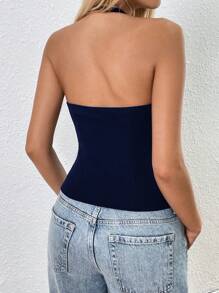 SHEIN EZwear 女式休闲纯色常规款无袖露背背心 - 藏蓝色 - 查看 2