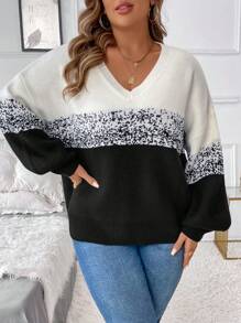 SHEIN LUNE Pull ample décontracté à col en V, manches longues, dégradé noir et blanc contrastant, tenue décontractée femme, tenue de vacances, hauts de campagne