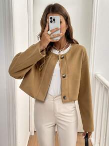 SHEIN Frenchy Women's Solid Color Front Button Long Sleeve Minimalist Cropped Top, Casual Daily Wear