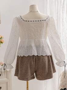 Soleia WYWH Plus Size Nữ Kỳ Nghỉ Dệt Tay Dài Cổ Vuông Phối Áo Ren Miếng Dán Cường Lực Và Dây Thắt Nơ Phía Trước - Đen và trắng - Xem 2