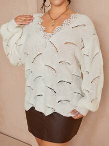 SHEIN Unity Plus Size Women's V-Neck Long Sleeve Contrast Lace Pullover Sweater, Autumn/Winter Knit Pullover Fall - White - View 5