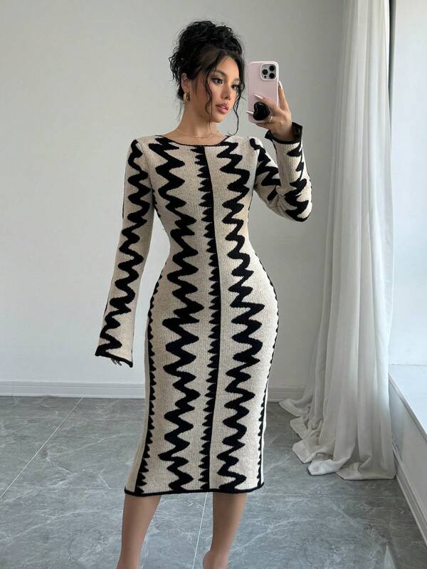 Elenzga Women's Elegant Jacquard Knitted Bodycon Dress