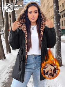 SHEIN EZwear Plus Size Women Hooded Long Sleeve Contrast Color Drawstring Fuzzy Trim Padded Coat