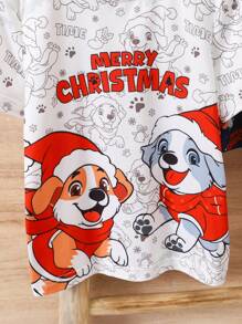 SHEIN Ensemble de 3 pièces pour jeunes garçons : écharpe, gants, bonnet imprimés avec bonhomme en pain d'épices, sapin de Noël et cloches de Noël, t-shirt doux et confortable à imprimé chien de dessin animé, adapté pour le printemps, l'automne et l'hiver