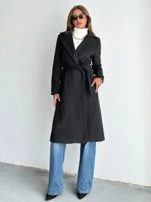 SHEIN PETITE Women's Solid Lapel Neck Belted Overcoat - Black - View 3