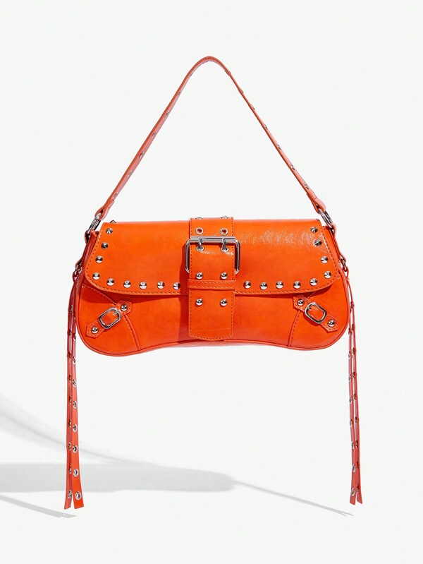 SHEIN X Lucía Bellido SHEIN SXY 女士单肩包，流浪包，时尚，简约，个性，百搭，街头，酷炫，铆钉，流苏，橙色，适合购物，万圣节，青少年