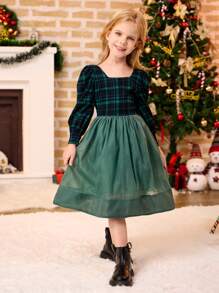Young Girl Plaid Print Square Neck Long Sleeve Dress - Dark Green - View 6