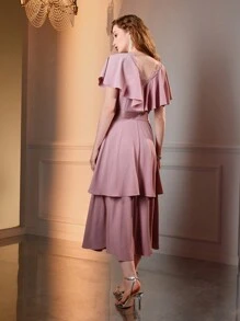 The Great Gatsby x MOTF SOLID V-NECK LACE TRIM LAYERED HEM RHINESTONE BOW WAIST LONG DRESS - Pink - View 5