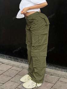 Plus Size Solid Color Button Casual Multi-Pocket Cargo Pants