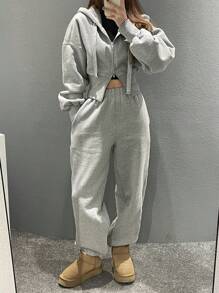 DAZY Women Solid Color High Waist Hooded Zip-Up Sweatshirt,Fall Clothes Jacket Hoodies - Grey - View 3