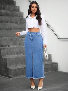 SHEIN Essnce Front Button Pocket Split Hem Casual Denim Skirt - Medium Wash - View 5