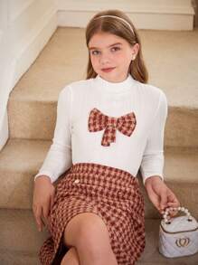 2 piezas Conjunto casual de niña preadolescente con blusa de manga larga con cuello y decoración de corbata de moño a cuadros, y falda mini de pata de gallo, primavera/otoño - Multicolor - Ver 6