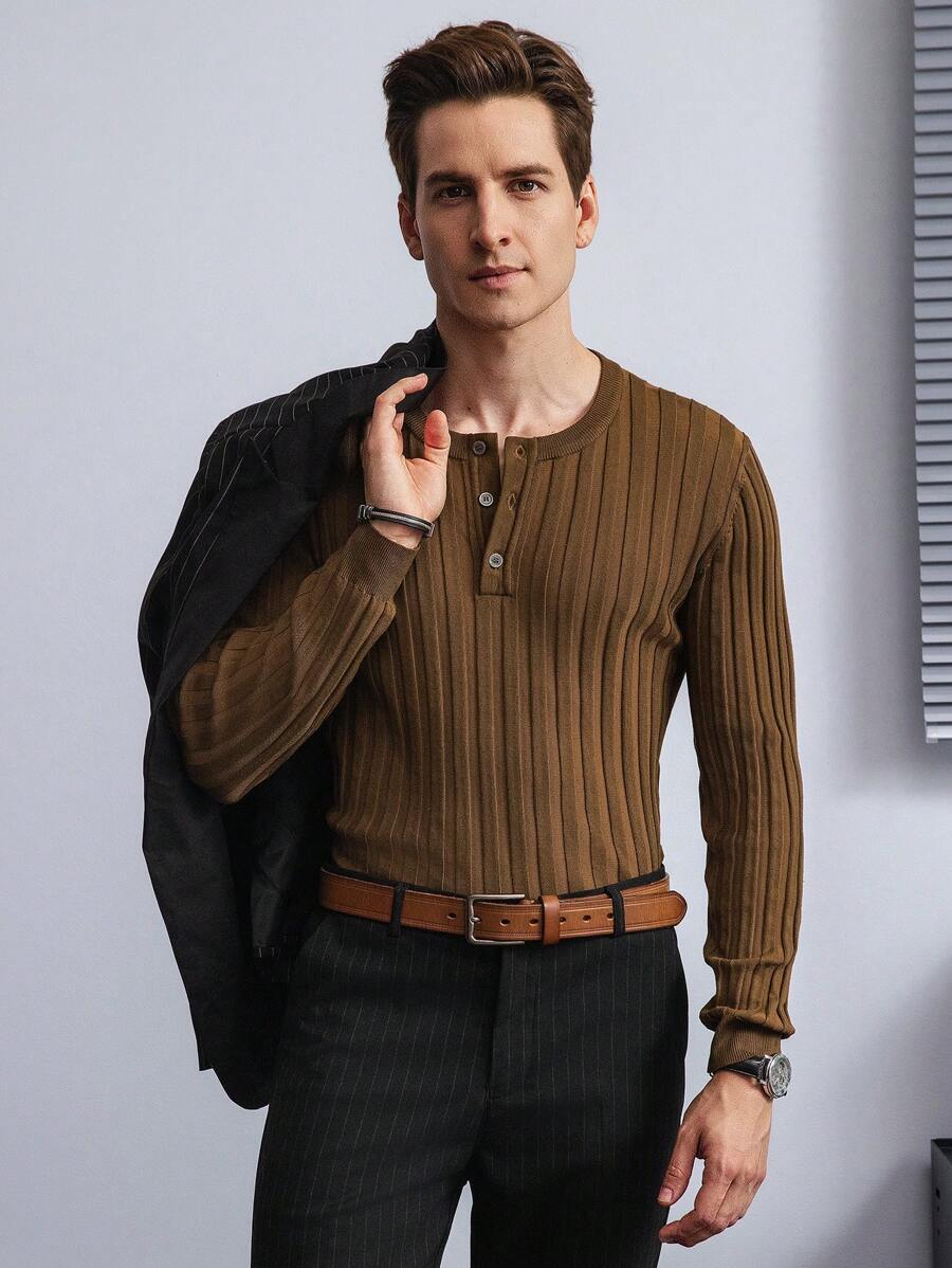 Manfinity Homme Jersey de manga larga con cuello redondo y botones frontales de unicolor para hombre - Café integral - Ver 1