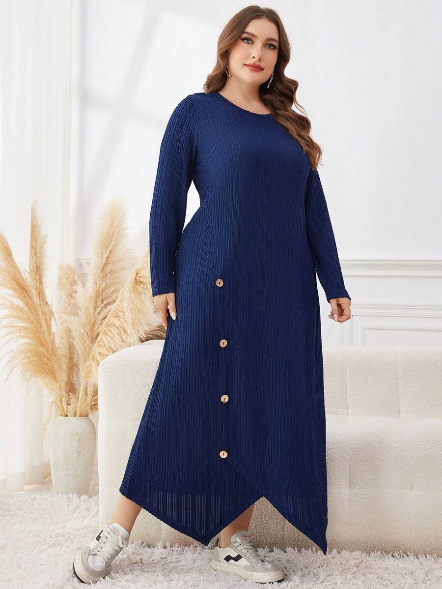 Mulvari Plus Size Solid Color Round Neck Asymmetrical Hem Long Sleeve Midi Dress Fall Cloth For Women